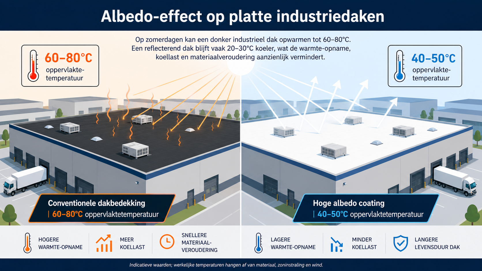 Technische visualisatie van het albedo-effect op platte industriele daken